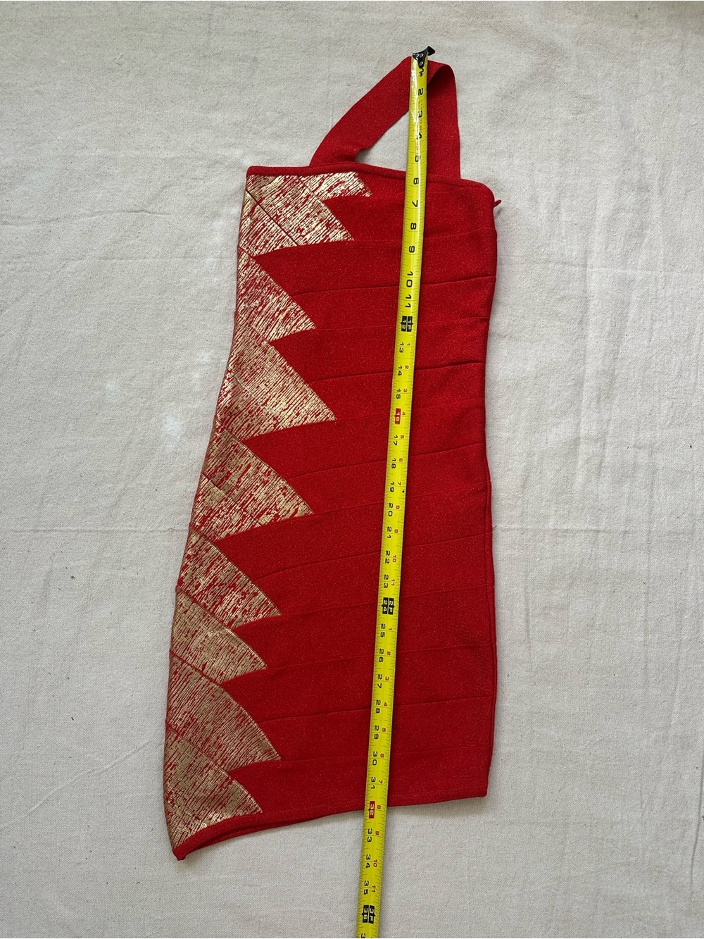 Bebe Addiction Red/Gold Foil Bandage Mini Dress Halter Neck Asymmetrical Hem XS - Picture 5 of 11